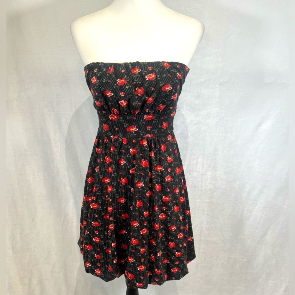 American Rag black and red polka dot floral strapless dress size small